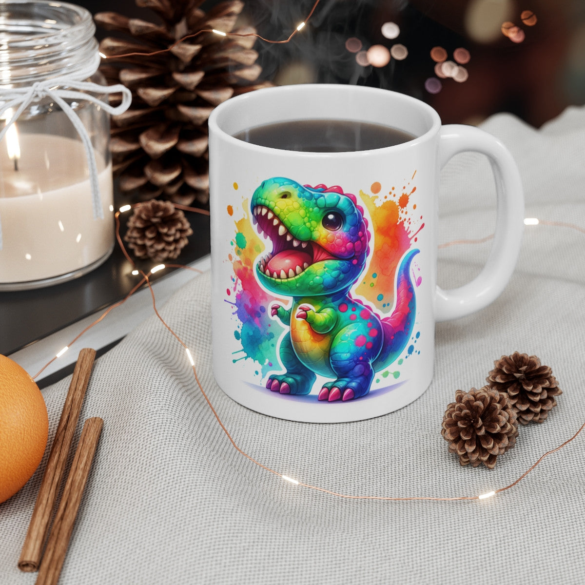 Mug Dino Arc-en-Ciel - Tasse en Céramique avec Dinosaure Coloré et Effet Splash, Amateurs de Fun et de Fantaisie