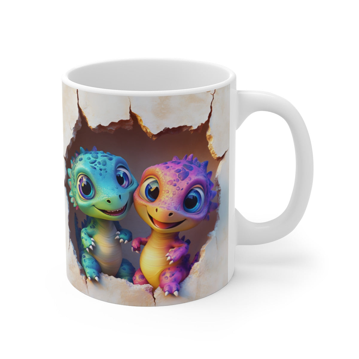 Mug Tasse Dinos Casse-Mur - Deux Bébés Dinos, Parfaite pour les Amateurs de Designs Ludiques et Colorés