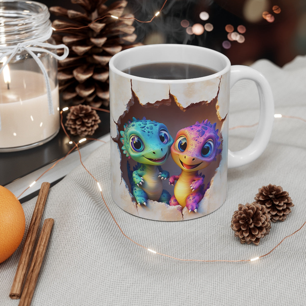 Mug Tasse Dinos Casse-Mur - Deux Bébés Dinos, Parfaite pour les Amateurs de Designs Ludiques et Colorés