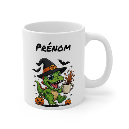 Tasse Personnalisable Dinosaure Sorcier Café – Mug Prénom Céramique 325ml – Cadeau Drôle Halloween Animal Illustré avec Citrouilles