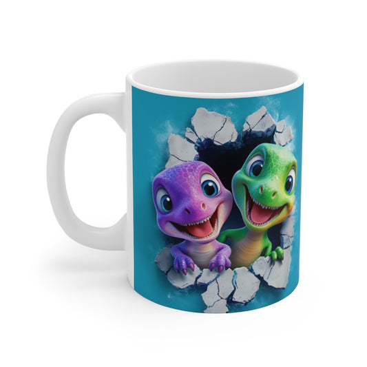 Mug Tasse Dino Duo – Deux Petits Dinos Adorables Surgissant du Mur pour enfants et adultes