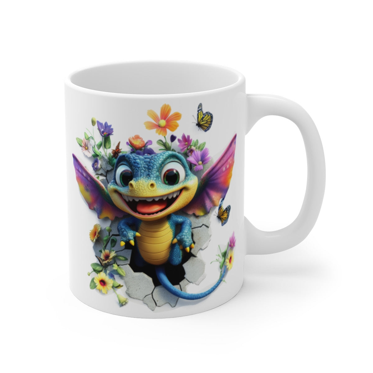 Mug tasse Dragon Fantastique Magique – Bébé Dragon Ailé, Fleurs, Papillons & Effet 3D Féérique