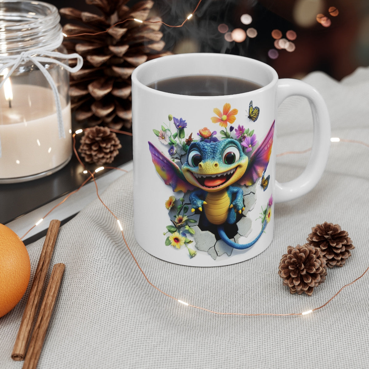 Mug tasse Dragon Fantastique Magique – Bébé Dragon Ailé, Fleurs, Papillons & Effet 3D Féérique