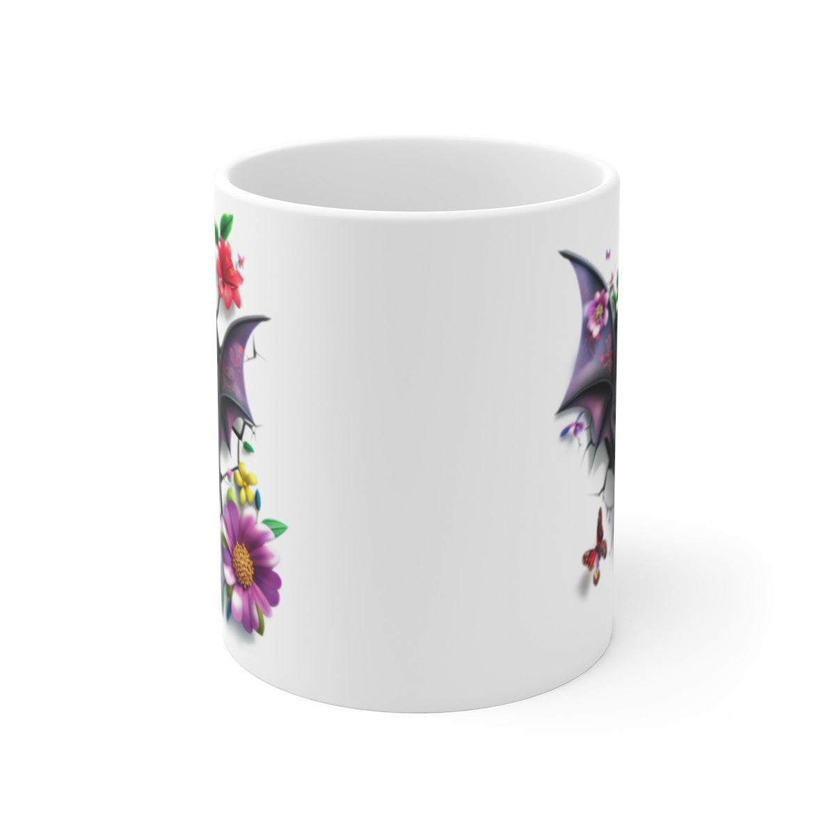 Mug Tasse Dragon Noir Ailé – Bébé Dragon Fantastique, Fleurs & Papillons – Effet 3D Magique
