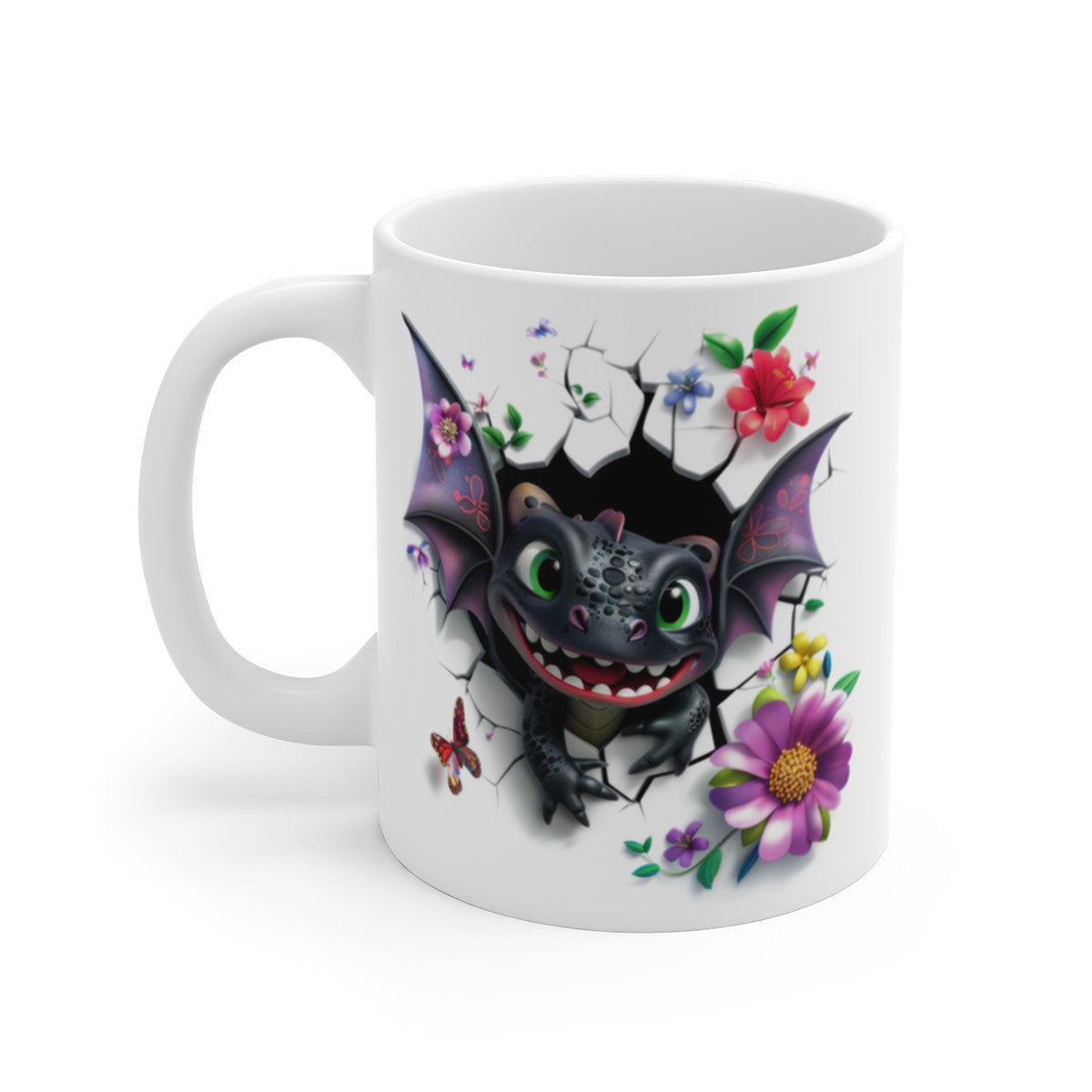 Mug Tasse Dragon Noir Ailé – Bébé Dragon Fantastique, Fleurs & Papillons – Effet 3D Magique