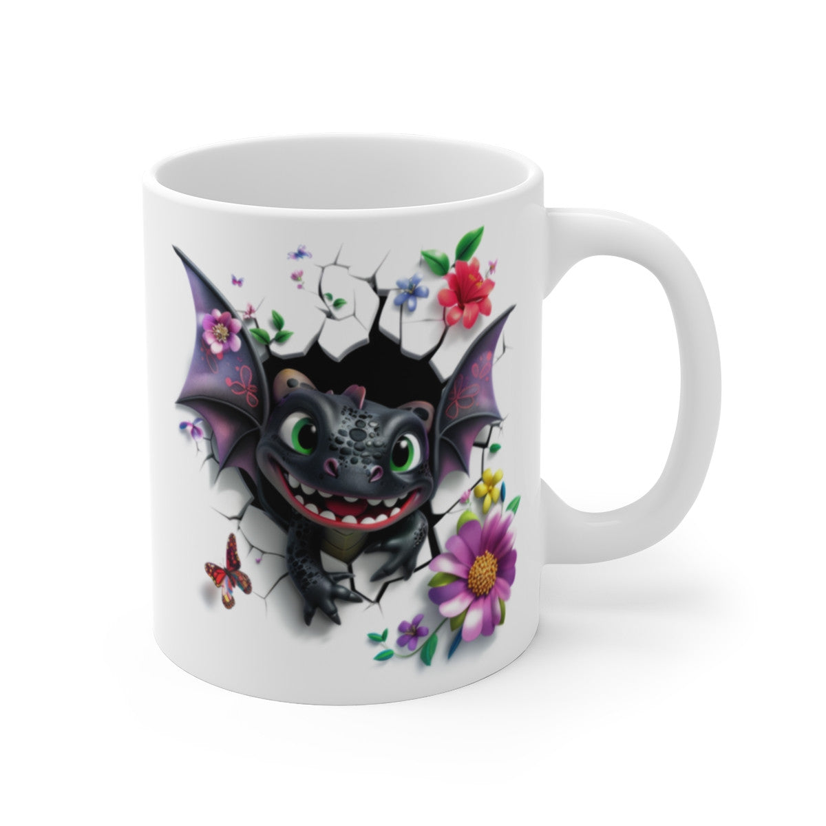 Mug Tasse Dragon Noir Ailé – Bébé Dragon Fantastique, Fleurs & Papillons – Effet 3D Magique