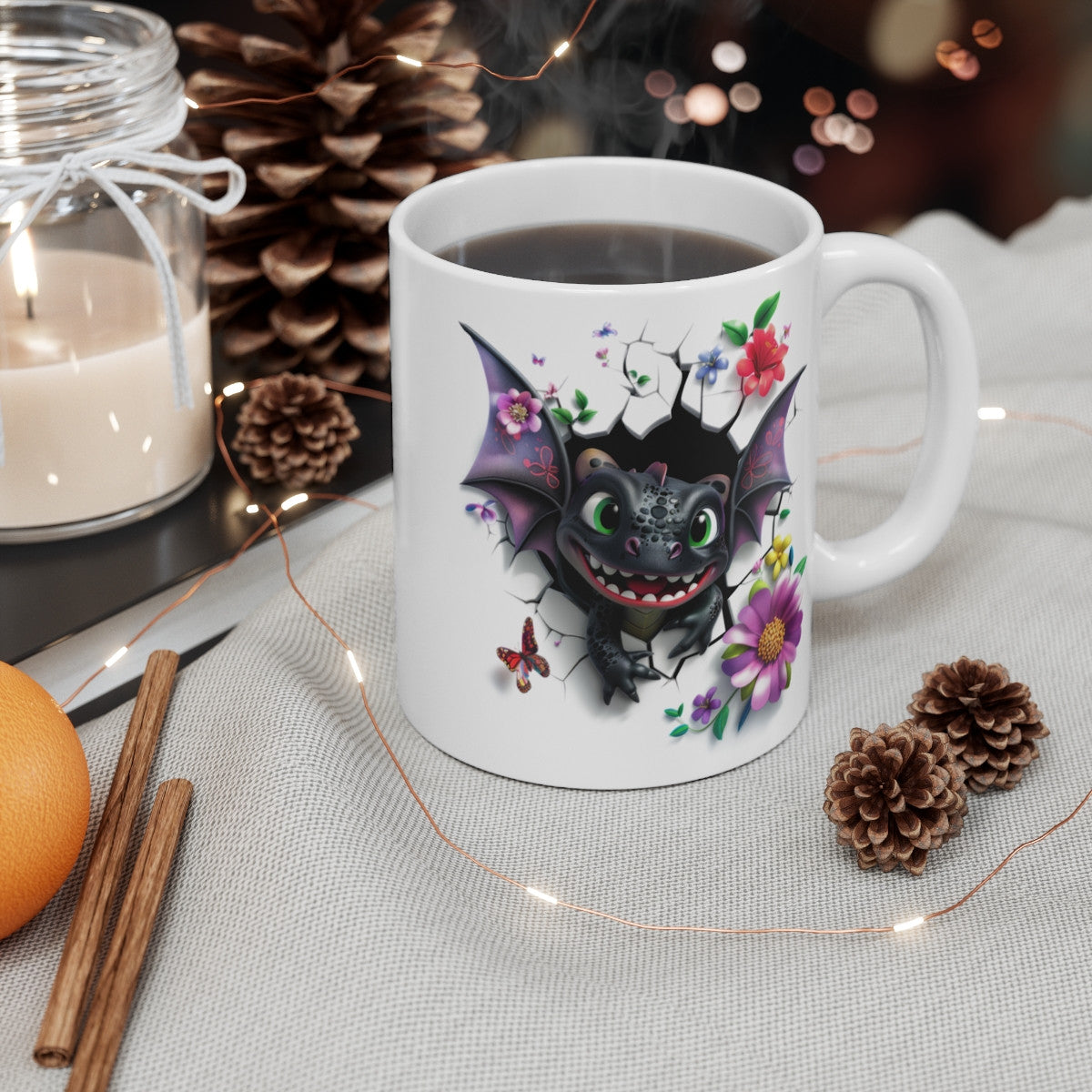 Mug Tasse Dragon Noir Ailé – Bébé Dragon Fantastique, Fleurs & Papillons – Effet 3D Magique