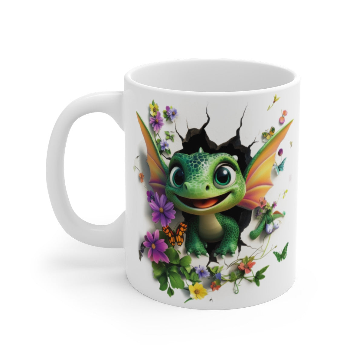 Mug Tasse Bébé Dragon Vert Ailé – Créature Fantastique, Fleurs et Papillons – Tasse Magique 3D