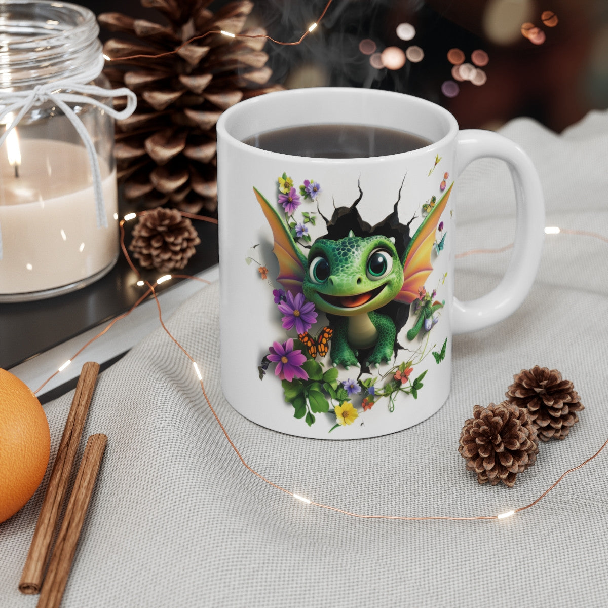 Mug Tasse Bébé Dragon Vert Ailé – Créature Fantastique, Fleurs et Papillons – Tasse Magique 3D