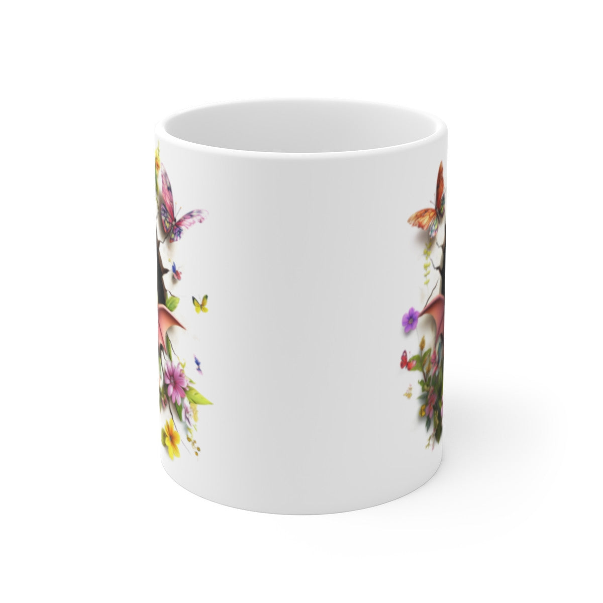 Mug Tasse Bébé Dragon Orange Ailé – Tasse Magique Fantasy avec Fleurs et Papillons – Cadeau Geek Original