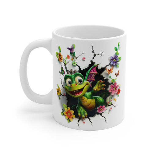 Mug  Tasse Bébé Dragon Vert Ailé – Tasse Fantasy avec Fleurs et Papillons – Cadeau Geek Original
