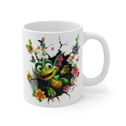 Mug  Tasse Bébé Dragon Vert Ailé – Tasse Fantasy avec Fleurs et Papillons – Cadeau Geek Original