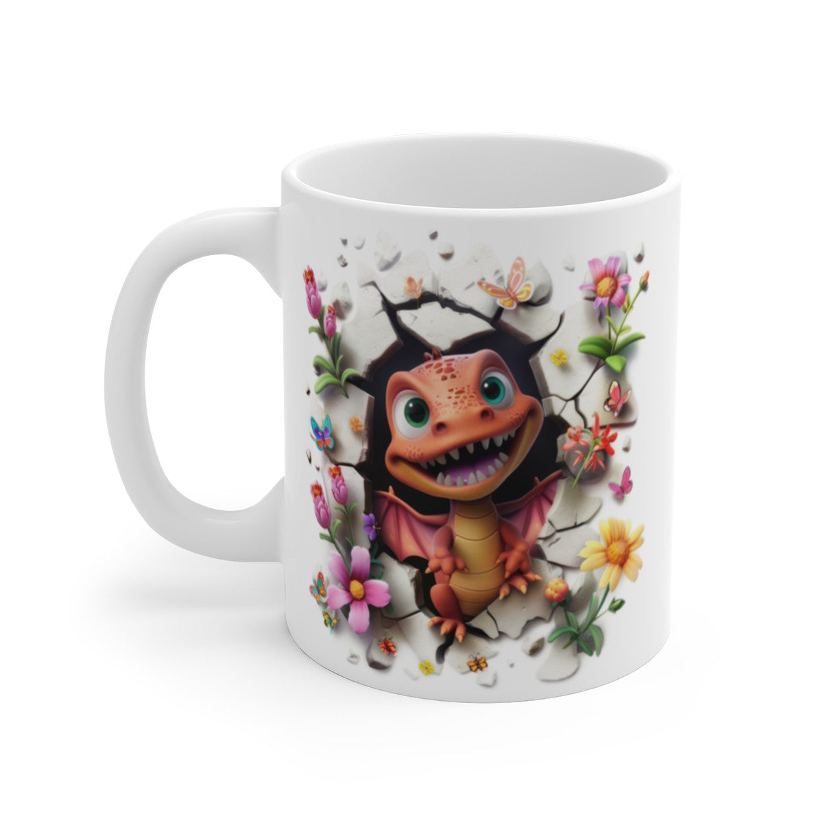 Mug Tasse Bébé Dragon Rouge Ailé – Tasse Fantasy en Céramique avec Fleurs et Papillons – Cadeau Geek Magique
