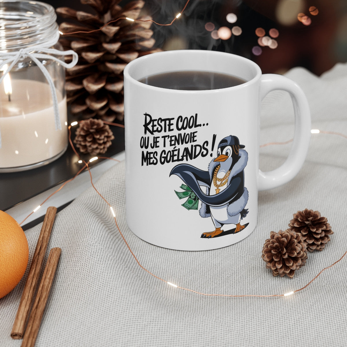 Mug Tasse Pingouin Drôle "Reste Cool… ou Je T’envoie Mes Goélands !" – Humour, Style Gangsta & Détente