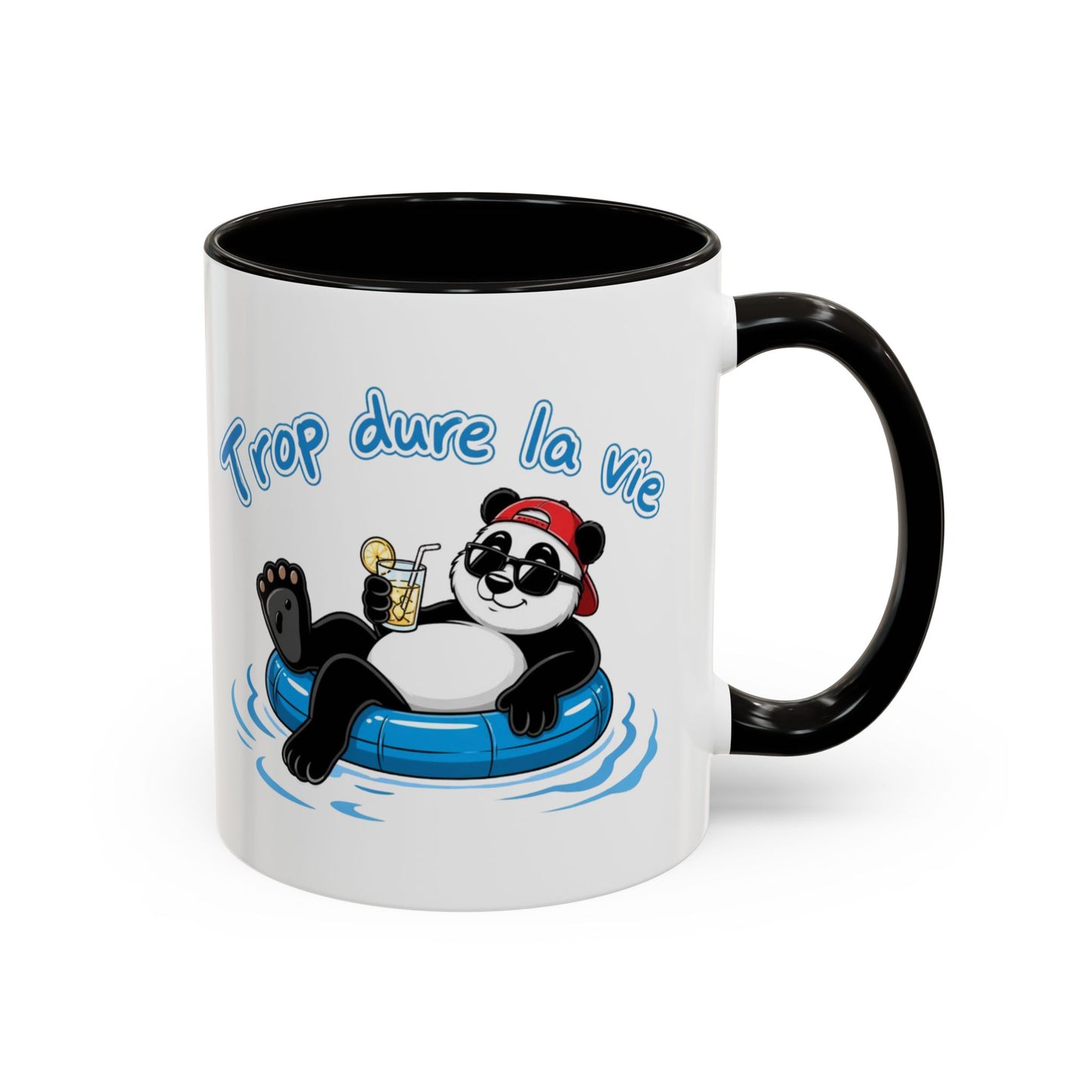 Mug Panda Relax Humour – “Trop Dure La Vie” – Tasse Panda Bouée Cocktail Vacances – Cadeau Drôle Homme Femme – Céramique 325ml Noir Bleu Rouge