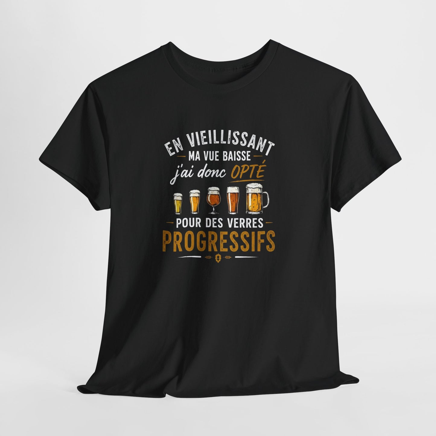 T-Shirt Humour Bière Verres Progressifs – Tee Shirt Drôle Apéro Alcool Citation Amusante Adulte – Cadeau Ami Amateur Bière Noir Blanc Gris