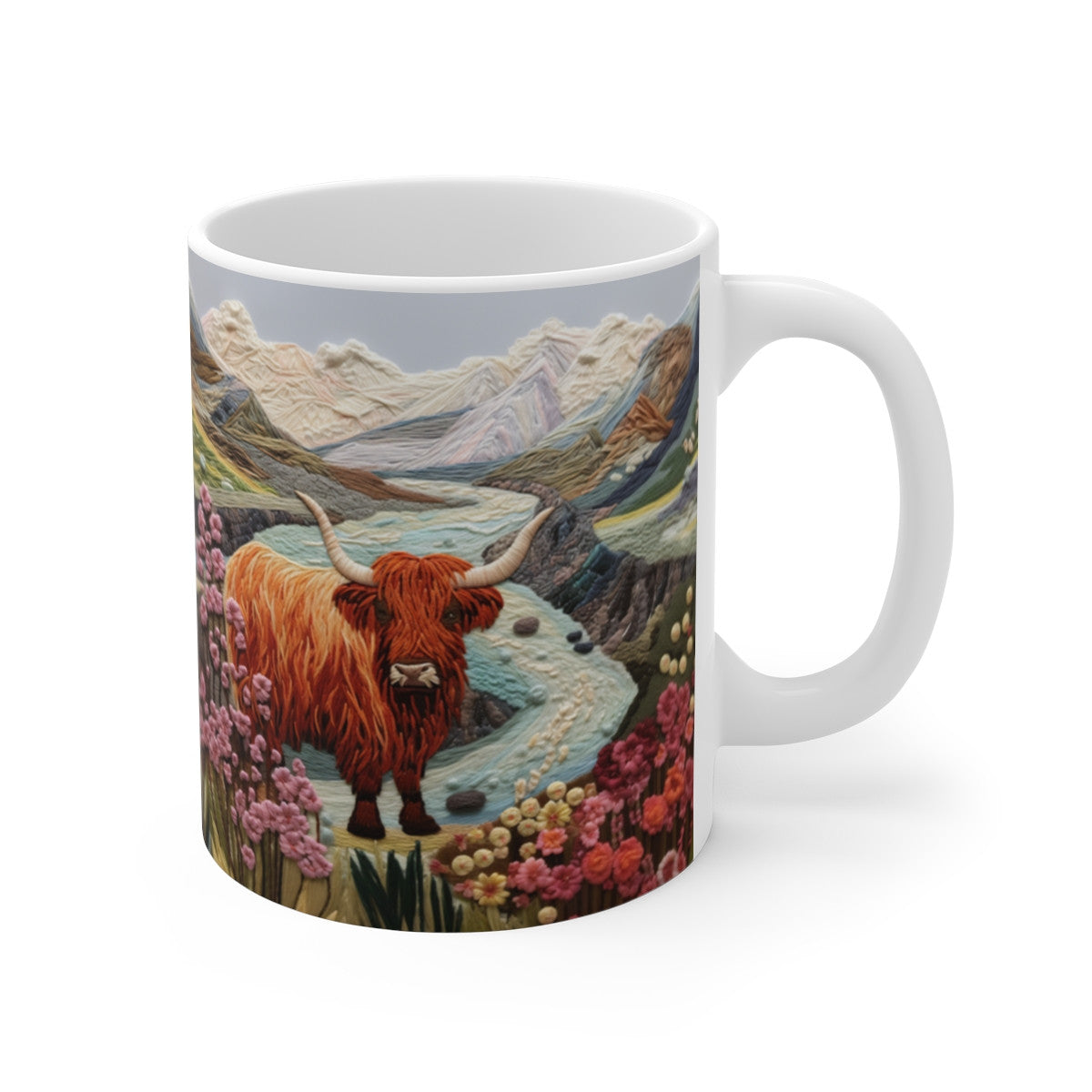 Mug Tasse Art Tissé - Vache Highland Écossaise - Idée Cadeau Paysage - 325ml Céramique