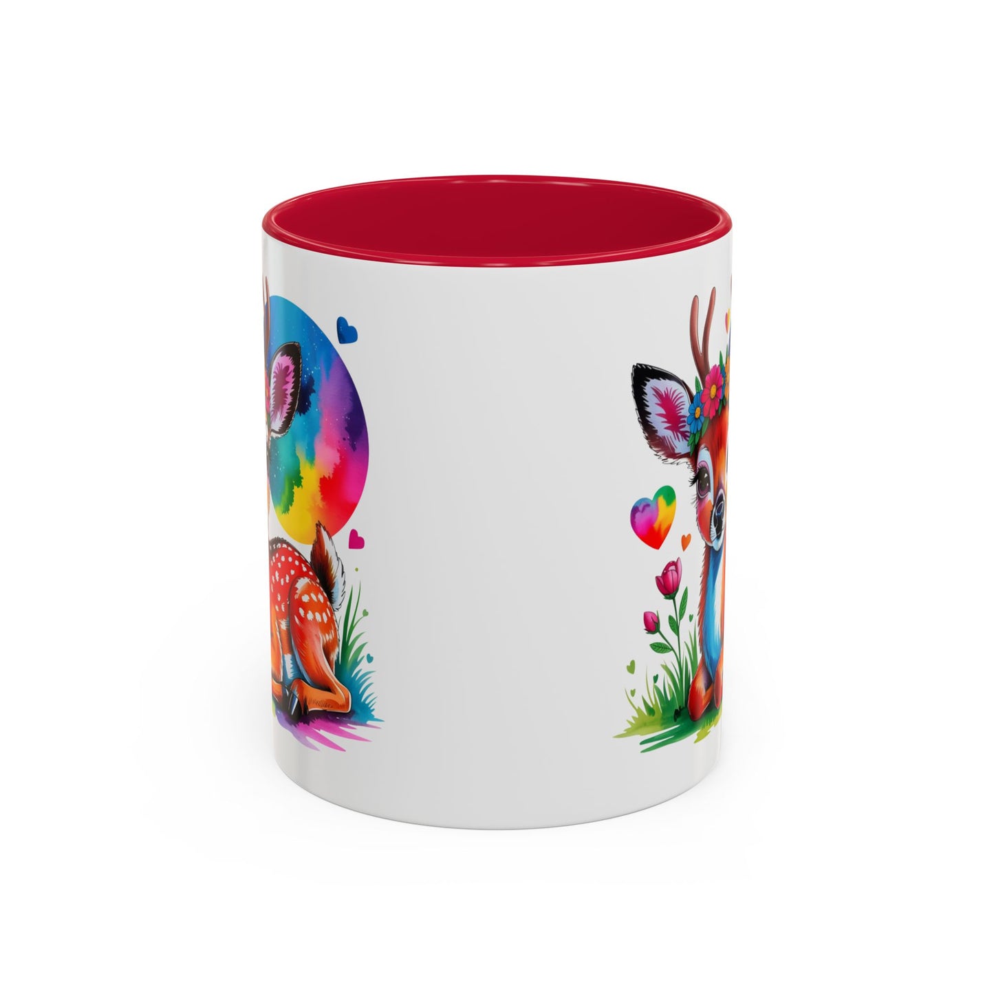 Mug Faon Mignon Coloré – Tasse Cerf Fleurs Arc-en-Ciel Kawaii – Cadeau Original Enfant Adulte – Céramique 325ml Noir Bleu Rouge