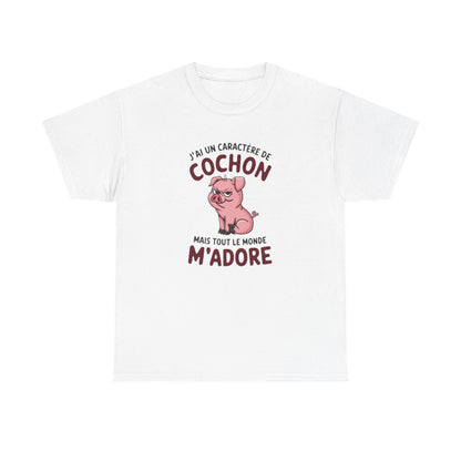 T Shirt Humour – J’ai un Caractère de Cochon, mais Tout le Monde M’adore – Cadeau Drôle Rigolo  – Coton Premium