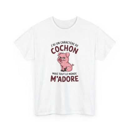T Shirt Humour – J’ai un Caractère de Cochon, mais Tout le Monde M’adore – Cadeau Drôle Rigolo  – Coton Premium
