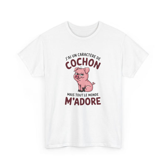 T Shirt Humour – J’ai un Caractère de Cochon, mais Tout le Monde M’adore – Cadeau Drôle Rigolo  – Coton Premium