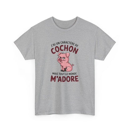 T Shirt Humour – J’ai un Caractère de Cochon, mais Tout le Monde M’adore – Cadeau Drôle Rigolo  – Coton Premium