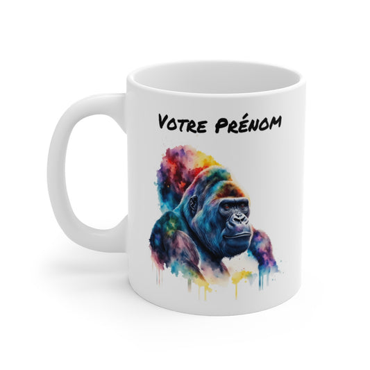 Mug  Personnalisable Personnalisé Prénom Gorille Aquarelle - Tasse en Céramique 325ml - Design Coloré et Artistique