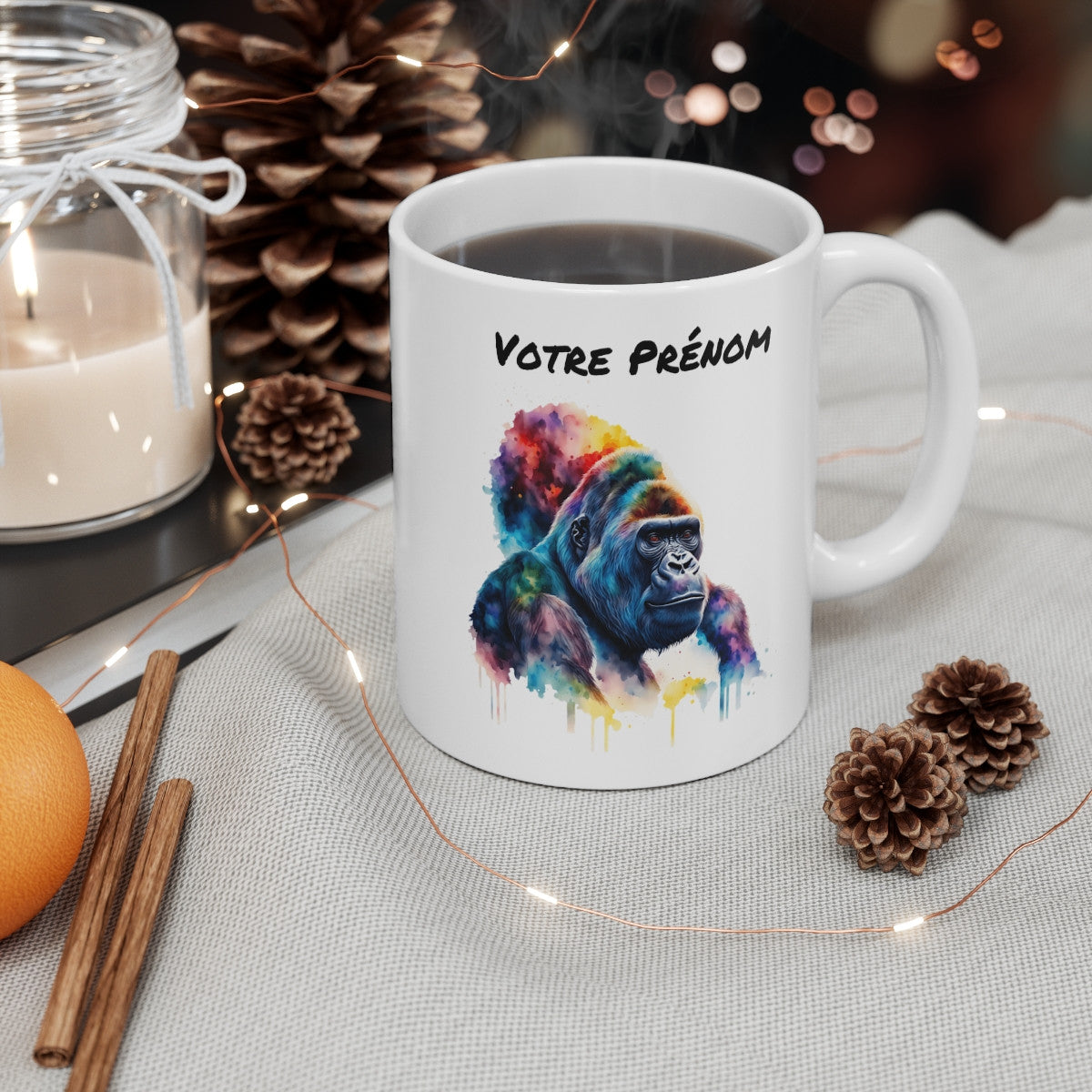Mug  Personnalisable Personnalisé Prénom Gorille Aquarelle - Tasse en Céramique 325ml - Design Coloré et Artistique