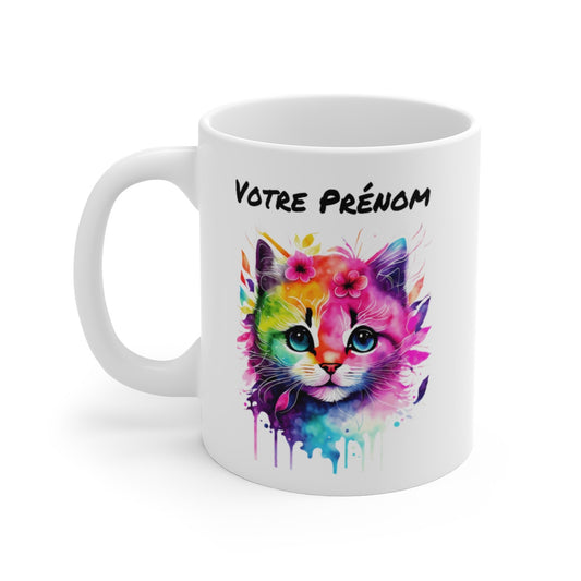Mug Chat Aquarelle Personnalisable Personnalisé - Tasse Céramique 325ml - Design Coloré et Unique