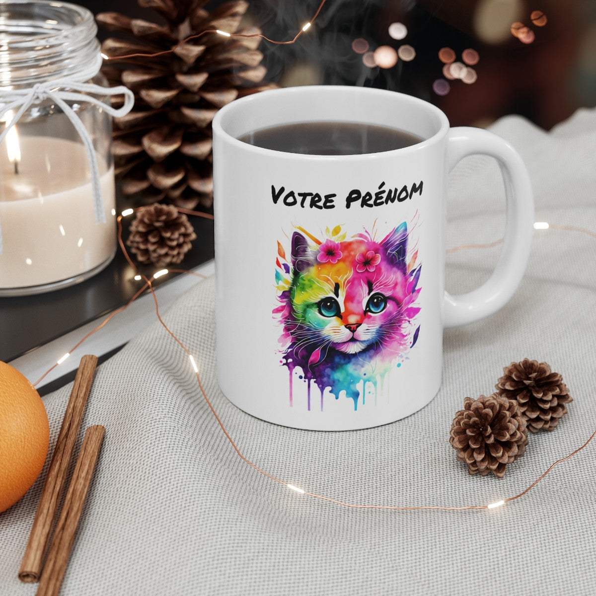 Mug Chat Aquarelle Personnalisable Personnalisé - Tasse Céramique 325ml - Design Coloré et Unique