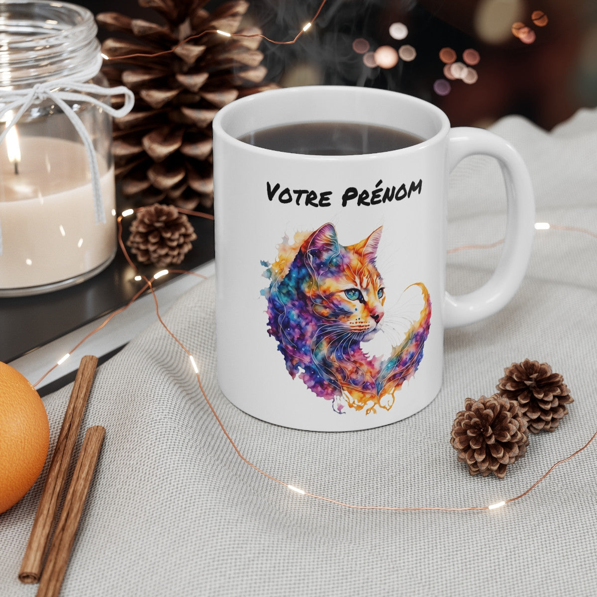 Mug Chat Aquarelle Personnalisable Personnalisable Prénom - Tasse Céramique 325ml - Design Coloré et Artistique