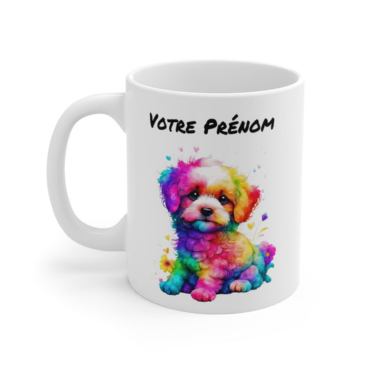 Tasse Personnalisé Prénom Chien Arc-en-Ciel - Mug Personnalisable - Idée Cadeau Design Aquarelle Coloré