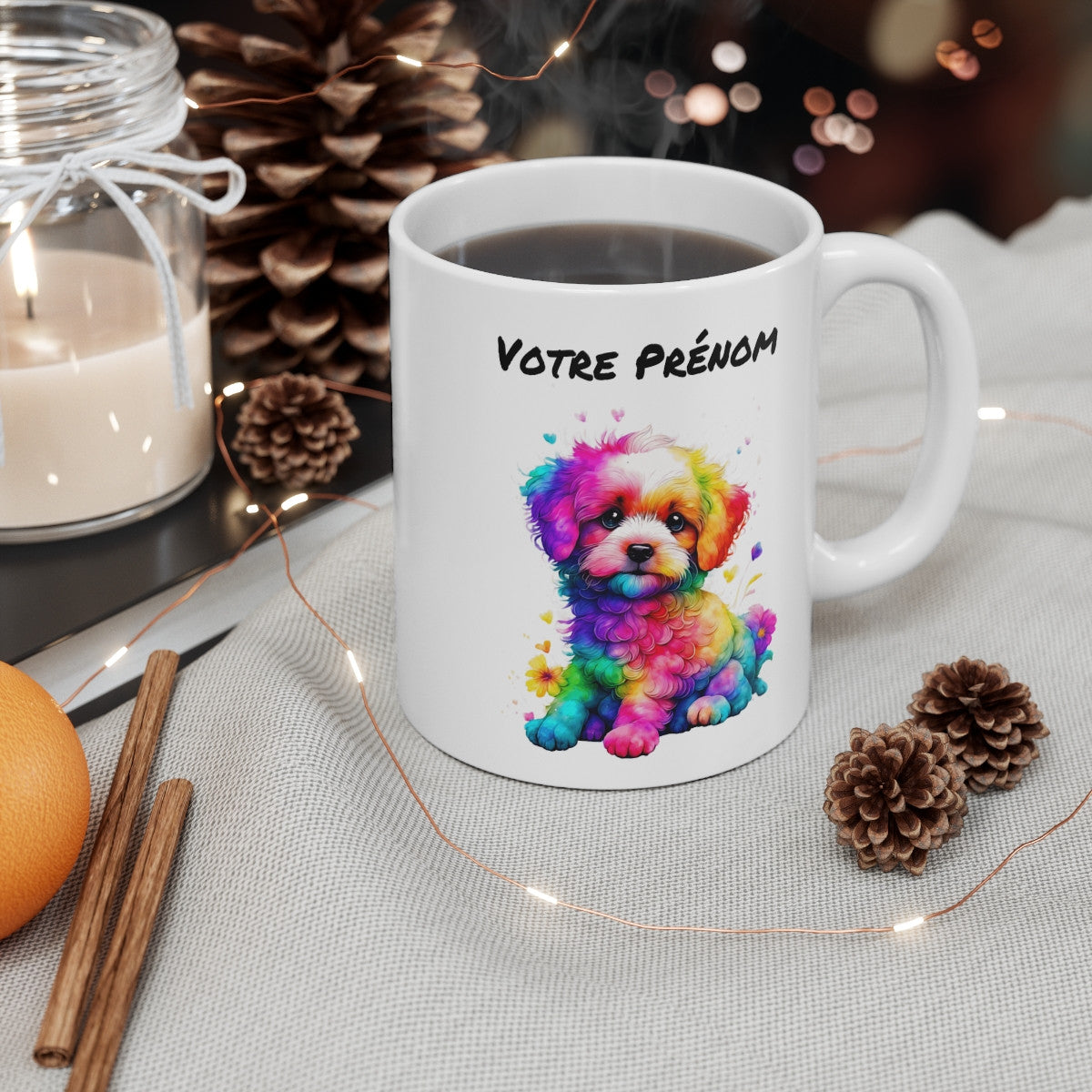 Tasse Personnalisé Prénom Chien Arc-en-Ciel - Mug Personnalisable - Idée Cadeau Design Aquarelle Coloré