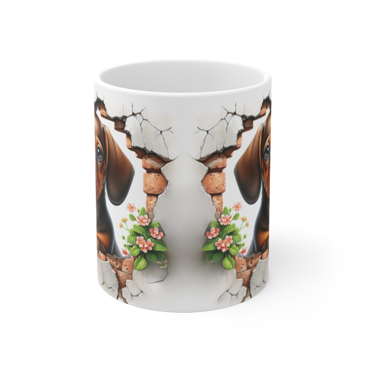 Mug Teckel Mignon - Tasse Chien Daschund Effet 3D Mur Brisé Idée Cadeau Fleurs