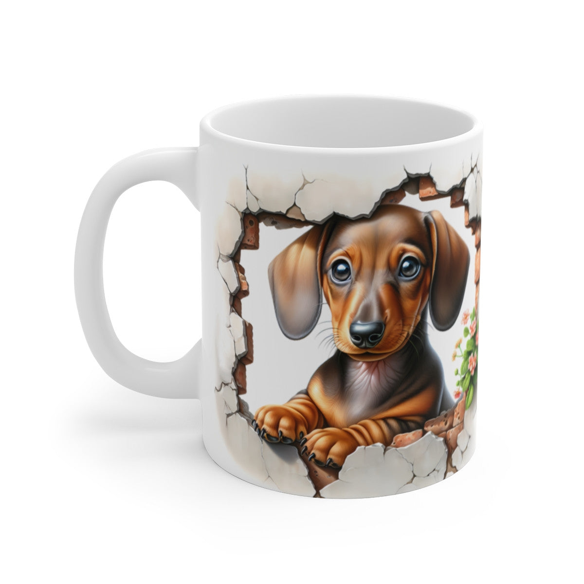 Mug Teckel Mignon - Tasse Chien Daschund Effet 3D Mur Brisé Idée Cadeau Fleurs