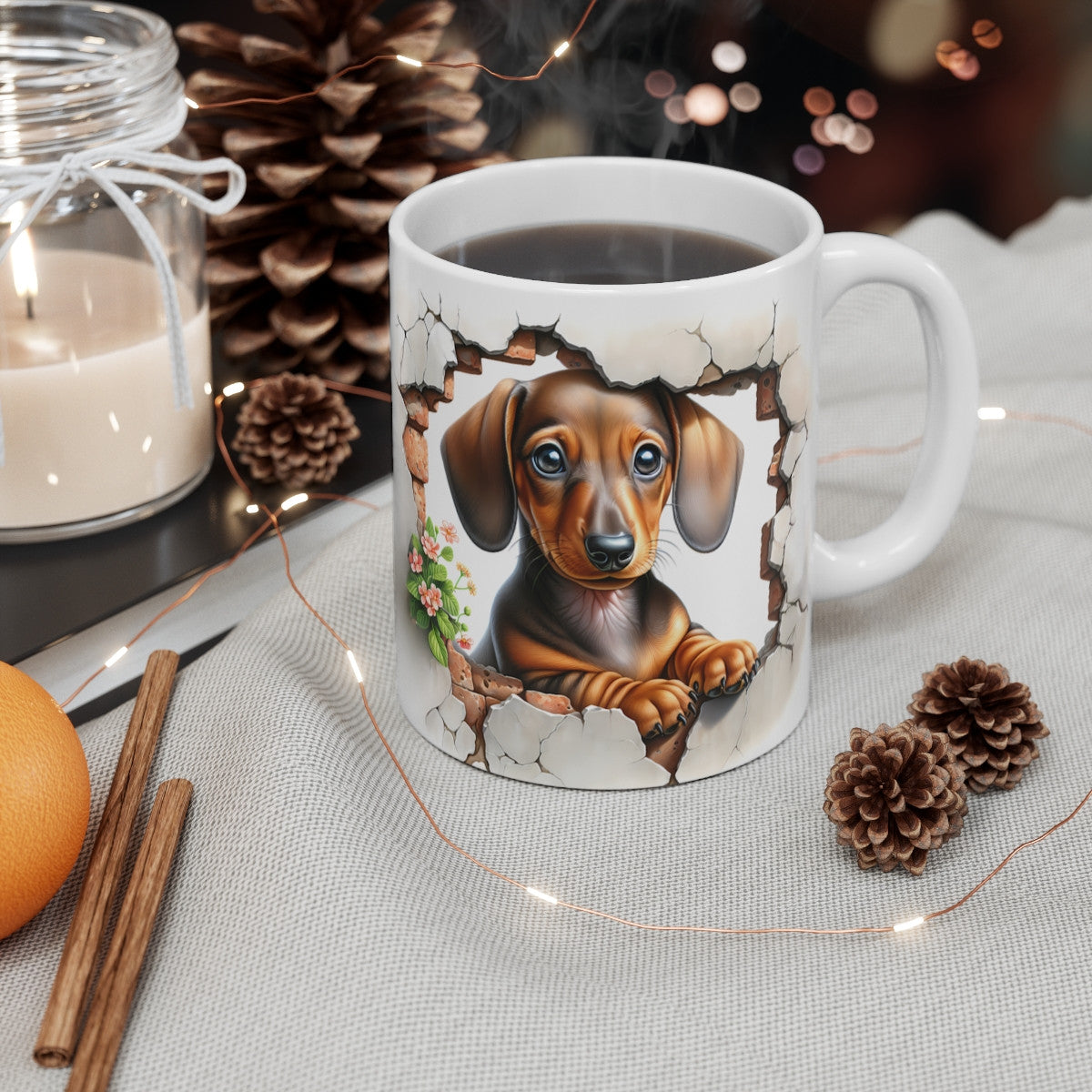 Mug Teckel Mignon - Tasse Chien Daschund Effet 3D Mur Brisé Idée Cadeau Fleurs