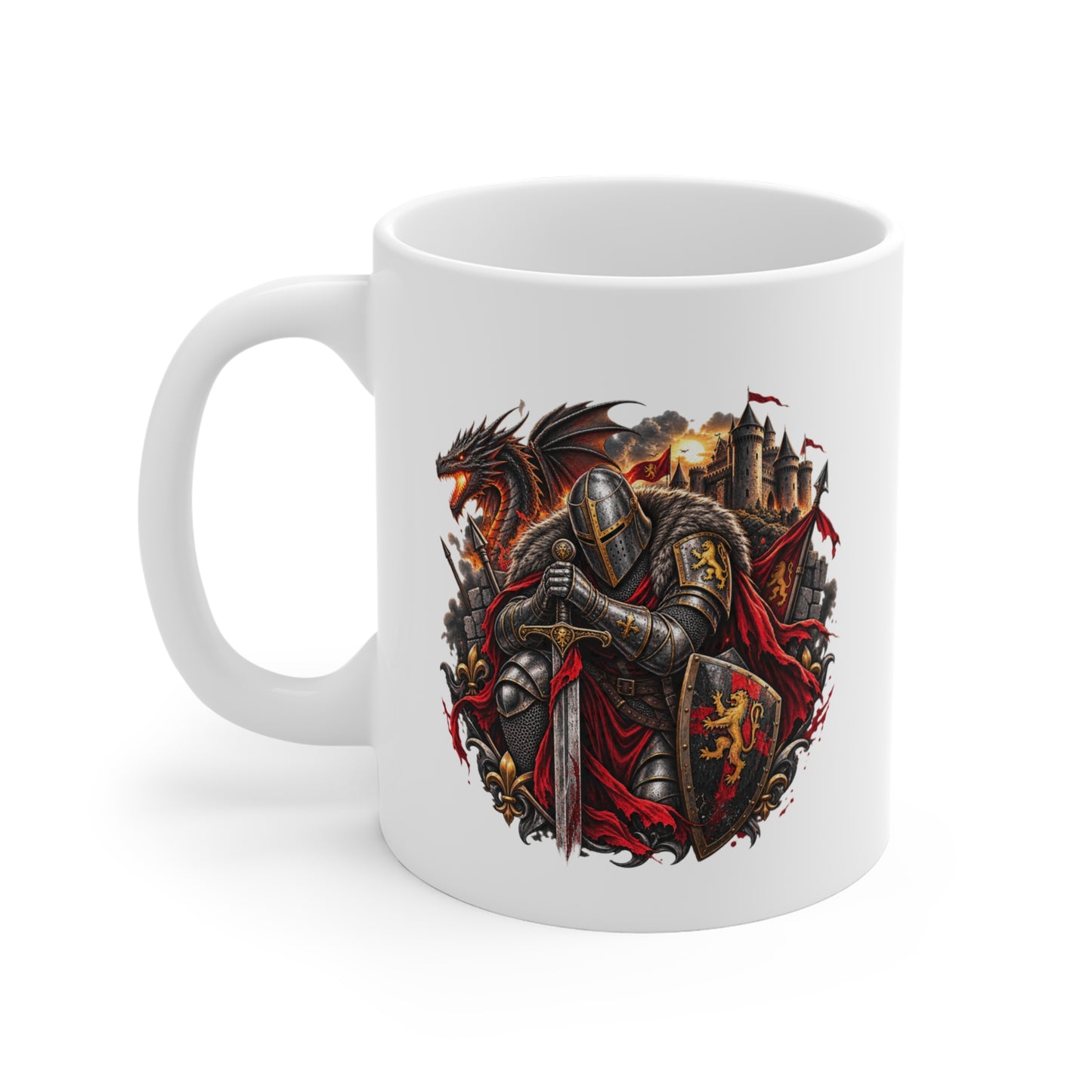 Mug Chevalier Médiéval – Guerrier Dragon et Château – Tasse Fantastique – Cadeau Original Homme Passionné du Moyen Âge