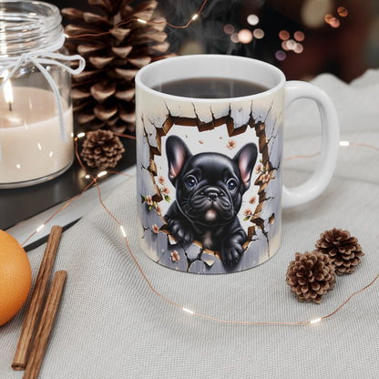 Mug Bouledogue Français Effet 3D - Tasse Idée cadeau Mur Brisé Trompe-l’Œil pour enfants et adultes