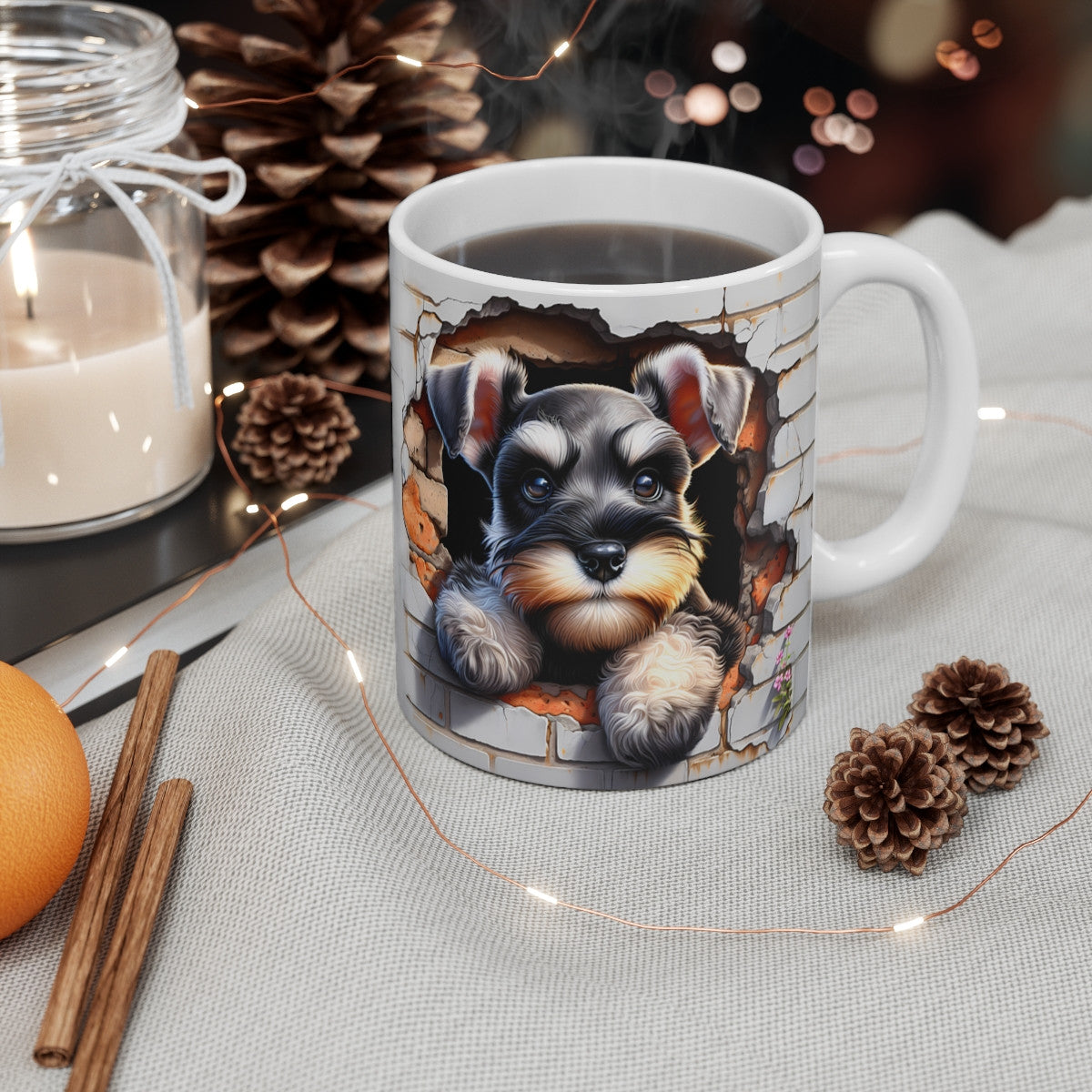 Mug Schnauzer Effet 3D - Tasse Chien Trompe-l’Œil Mur Cassé Idée cadeau pour enfants et adultes