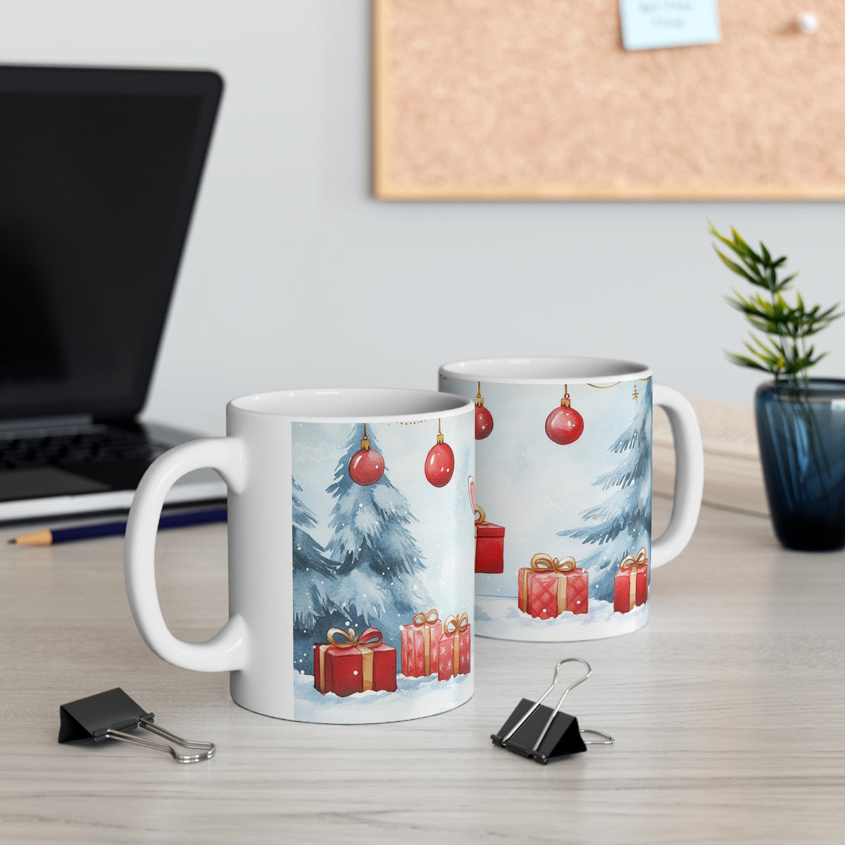 Mug Lapin de Noël avec Cadeaux – Tasse Hiver Sapins Enneigés Style Aquarelle – Cadeau de Noël Homme Femme