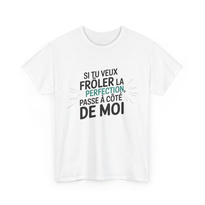 T shirt– "Si tu veux frôler la perfection, passe à côté de moi" – Blanc ou Gris – Tailles S à 3XL tee shirt humour