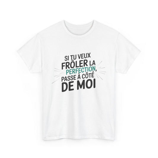 T shirt– "Si tu veux frôler la perfection, passe à côté de moi" – Blanc ou Gris – Tailles S à 3XL tee shirt humour