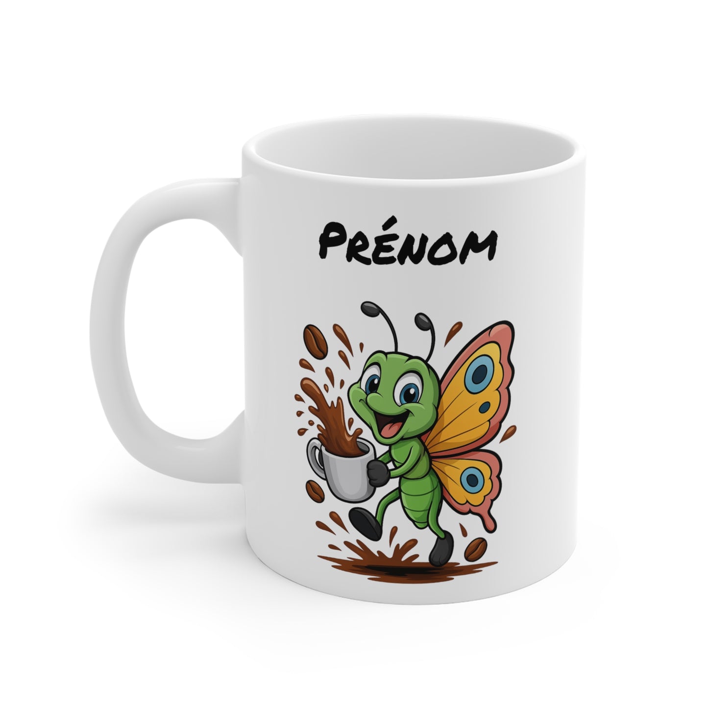 Tasse Personnalisable Papillon Café – Mug Prénom Cartoon Coloré – Cadeau Nature et Bonne Humeur 325ml