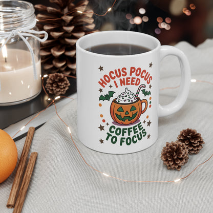 Mug Halloween Citrouille 325ml – Tasse Céramique “Hocus Pocus I Need Coffee to Focus” – Cadeau Café