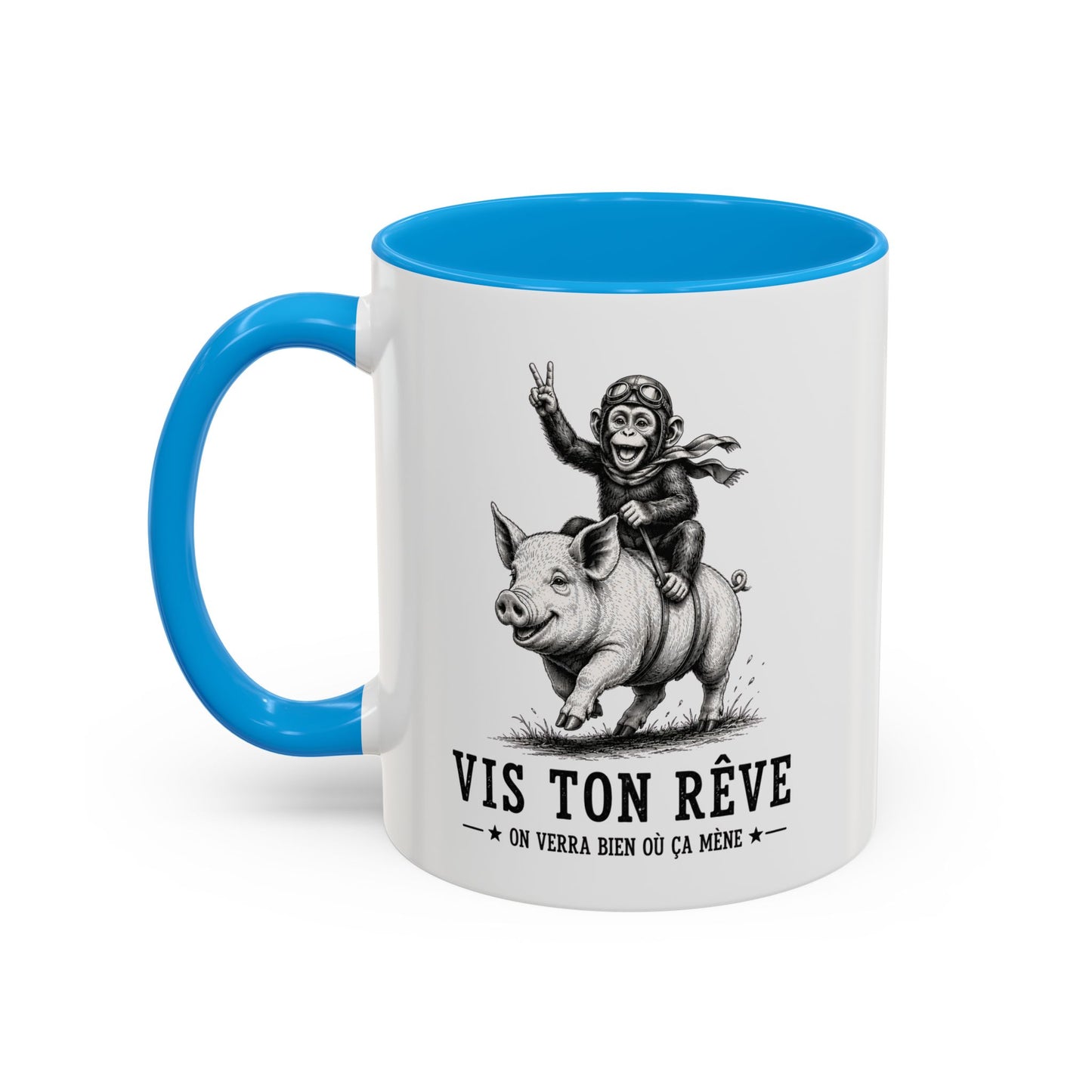 Tasse Vis Ton Rêve On Verra Bien Où Ça Mène – Mug Humour Singe Cochon Vintage – Cadeau Homme Femme 325 ml