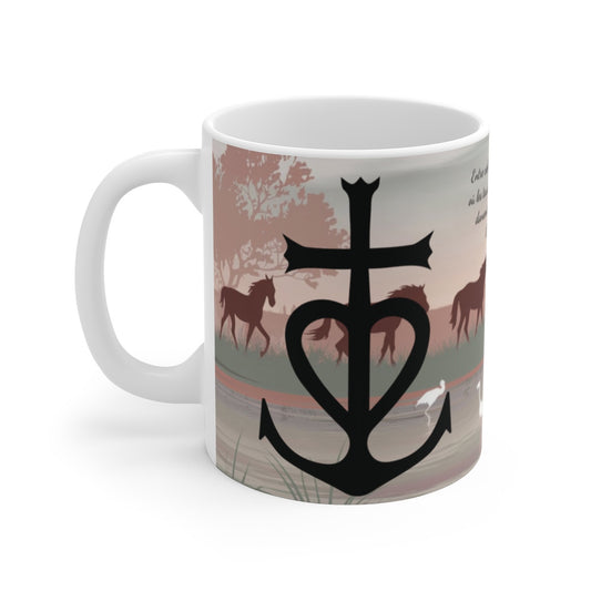 Mug Camargue Éternelle – Croix Camarguaise, Chevaux Sauvages, Flamants Roses & Nature du Sud