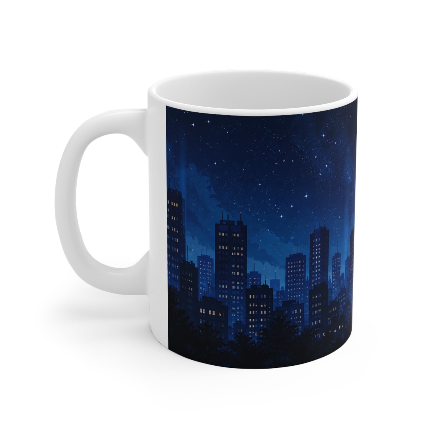 Tasse Ville Nocturne Ciel Étoilé – Mug Skyline Urbain Nuit Lune Étoiles – Cadeau Homme Femme Enfant 325ml