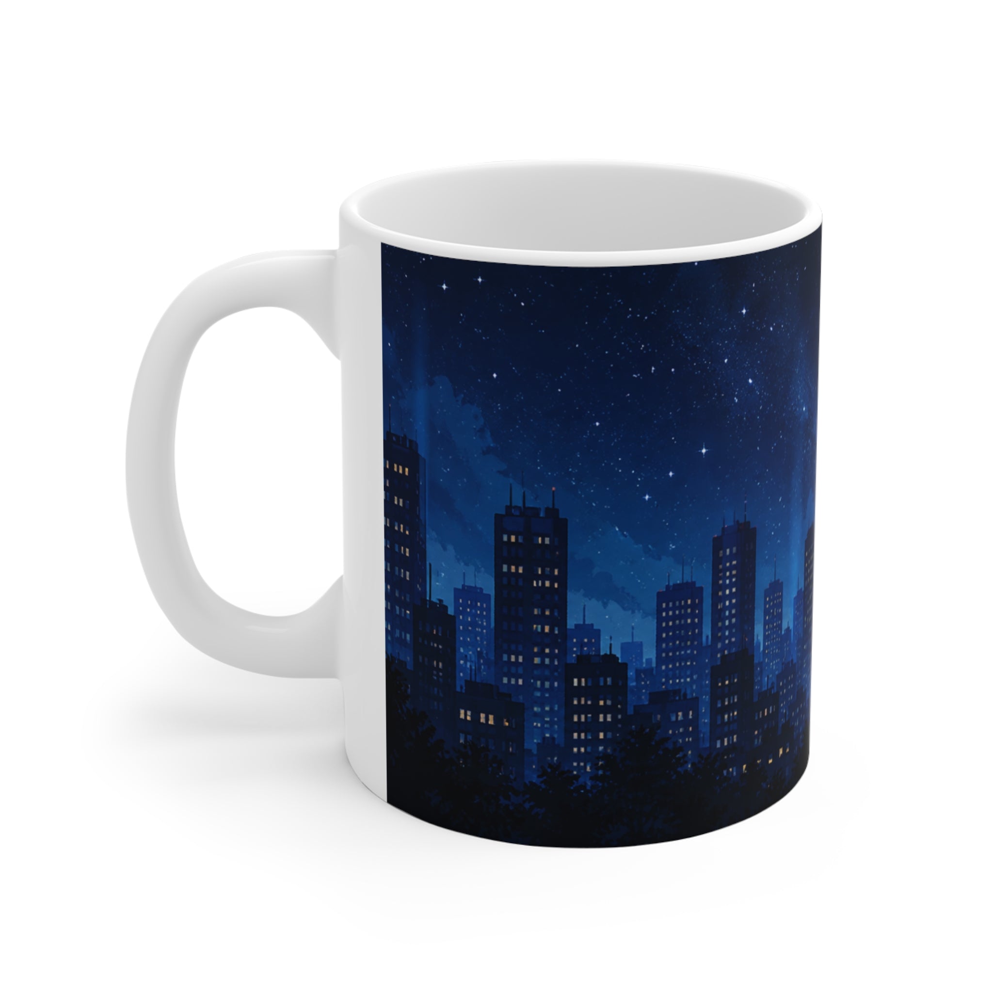 Tasse Ville Nocturne Ciel Étoilé – Mug Skyline Urbain Nuit Lune Étoiles – Cadeau Homme Femme Enfant 325ml