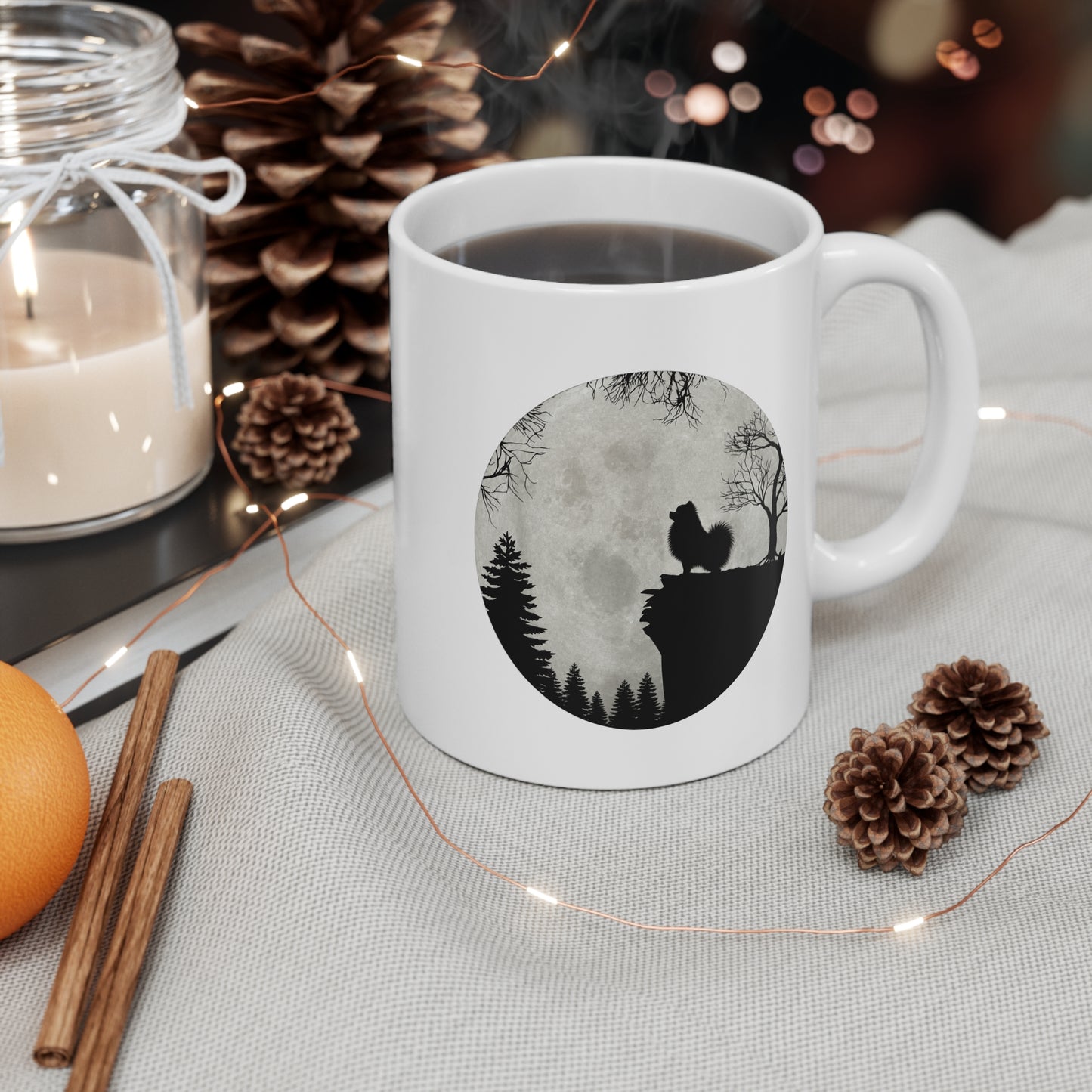 Mug Spitz Nain Silhouette sous la Lune – Tasse Chien Forêt Nature – Cadeau Original pour Amoureux des Chiens Homme et Femme 325 ml