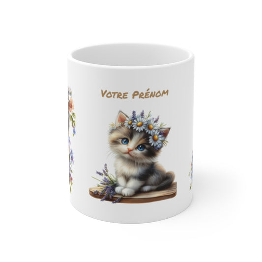 Mug chaton prénom personnalisé fleurs printemps mignon cadeau